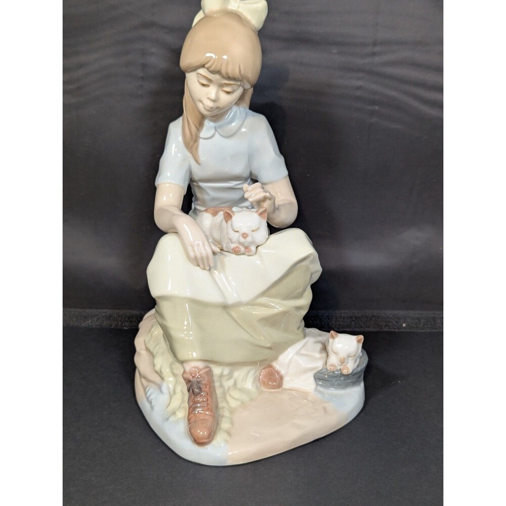 Nadal Porcelain Statue Sitting Girl with 2 Cats Kittens 10" Tall